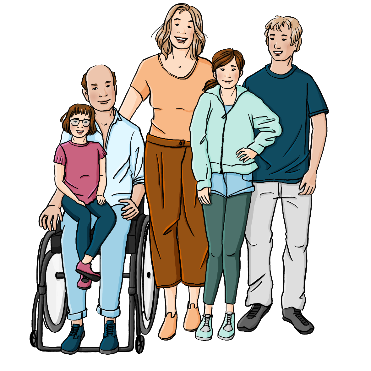 Eine Familie aus Mutter, Vater, Sohn und zwei Töchtern. Der Vater sitzt im Rollstuhl. Die jüngste Tochter sitzt auf seinem Schoß.