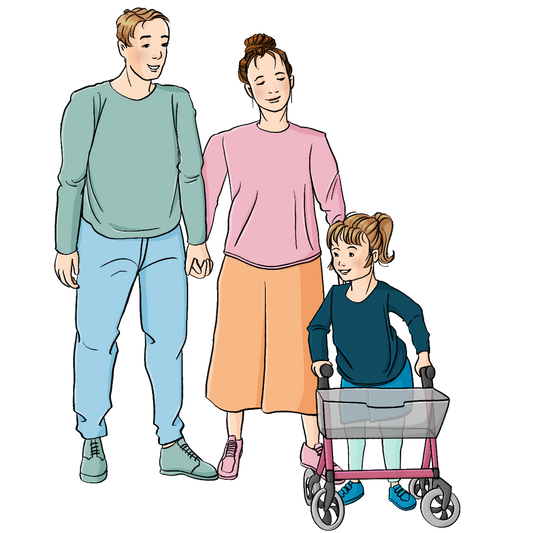 Eine Familie aus Mutter, Vater und Tochter im Grundschulalter. Die Tochter benutzt eine Gehhilfe.