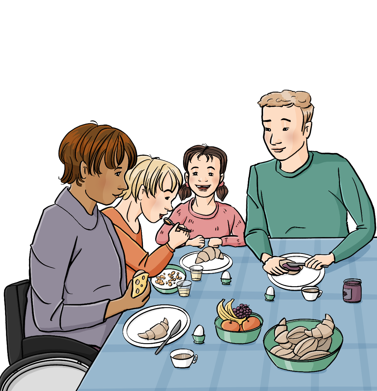 Ein Mann, eine Frau, ein Mädchen und ein Junge sitzen am Tisch. Auf dem Tisch stehen Teller, Tassen und Schüsseln mit Obst und Brötchen. Alle schauen glücklich.