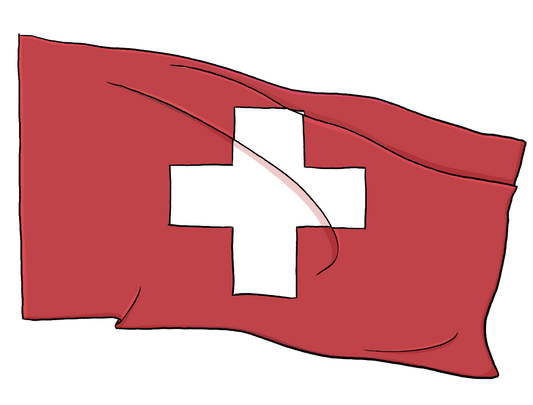 Eine rote Flagge mit einem weißen Kreuz.