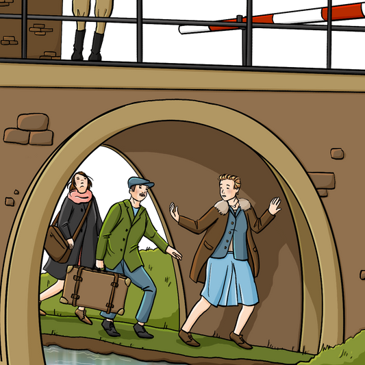 Ein Mann und eine Frau mit Koffern werden von einer anderen Frau unter einer Brücke durchgeführt. Alle schauen ängstlich und tragen Kleidung der 40er Jahre. Auf der Brücke sind Soldatenstiefel und eine Schranke angedeutet.
