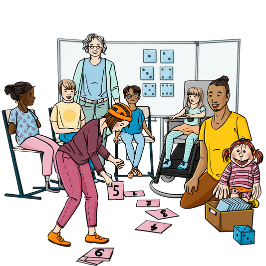 Kinder mit verschiedenen Behinderungen sitzen im Stuhlkreis, ein Kind legt Karten mit Zahlen auf den Boden. Im Hintergrund ist eine Tafel. Eine Frau steht hinter den Stühlen, ein Mann mit einer Handpuppe kniet auf dem Boden.