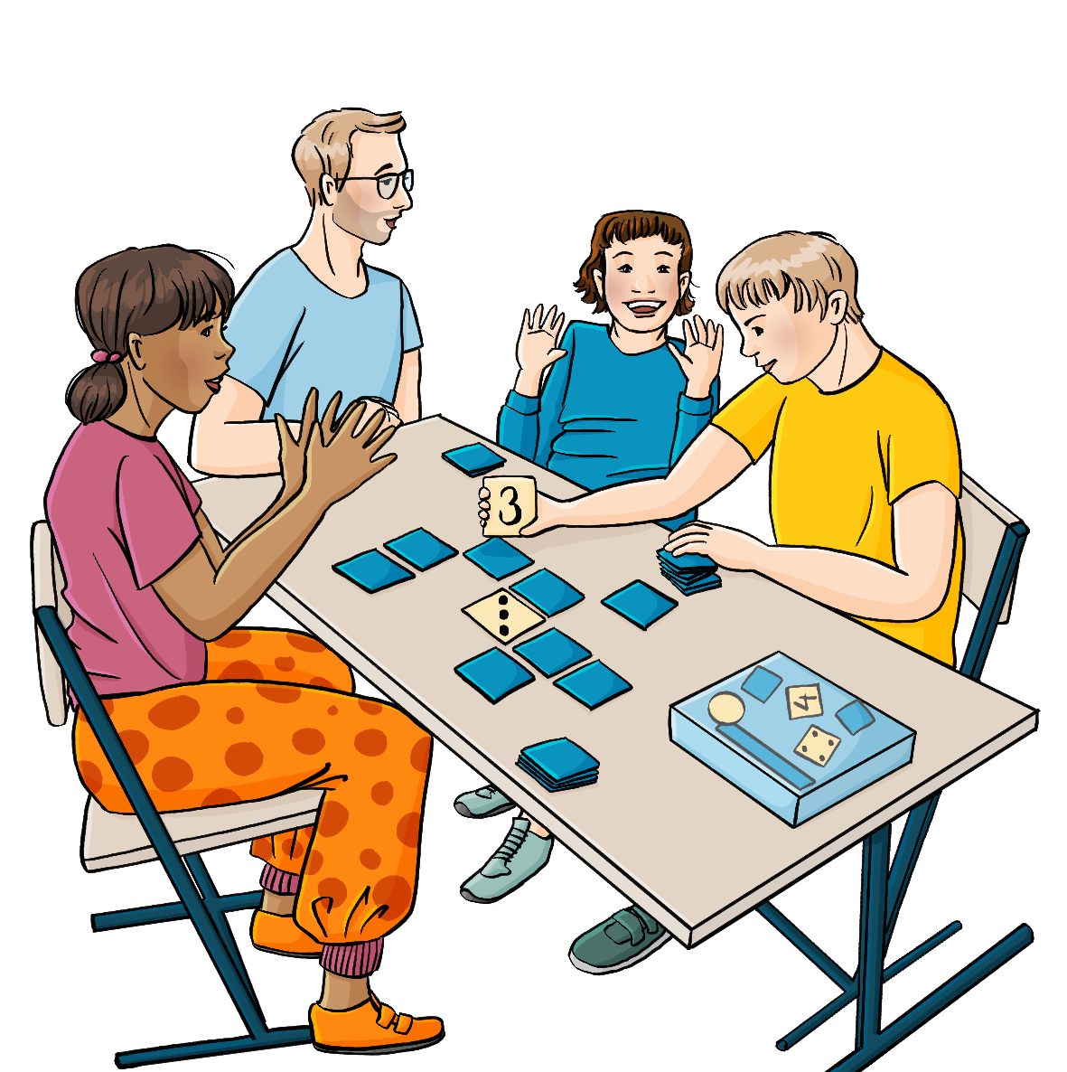 Ein Mann und drei Kinder sitzen am Tisch. Auf dem Tisch sind eine Schachtel und Karten mit Bildern von Zahlen und Würfelzahlen. 