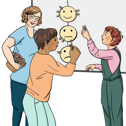Eine Frau und zwei Kinder stehen vor einer Tafel. An der Tafel sind ein fröhlicher, ein neutraler und ein trauriger Smiley. An den Smileys sind Wäscheklammern. Die Frau hält einen Korb mit Wäscheklammern unter dem Arm. Ein Kind schaut fröhlich und streckt eine Wäscheklammer in Richtung des fröhlichen Smiley. Das andere Kind schaut schlecht gelaunt und streckt eine Wäscheklammer in Richtung des traurigen Smileys.