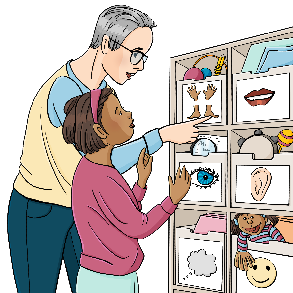 Ein Mann und ein ein Mädchen stehen vor einem Regal mit vielen Kisten voll Materialien. Auf den Kisten sind Symbole, zum Beispiel ein Mund, ein Auge, ein Ohr, Hände und Füße.