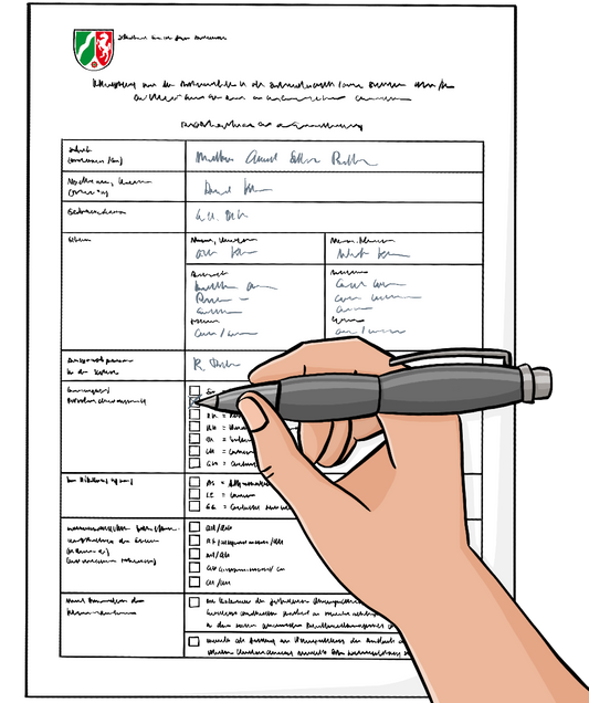Eine Hand füllt mit einem Kugelschreiber ein Formular aus. Links oben auf dem Formular ist das Wappen von NRW.