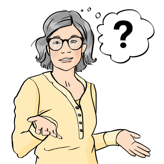 Eine Frau schaut fragend. Sie hält die Hände neben dem Körper, die Handflächen zeigen nach oben. Neben der Frau ist eine Denkblase mit einem Fragezeichen.