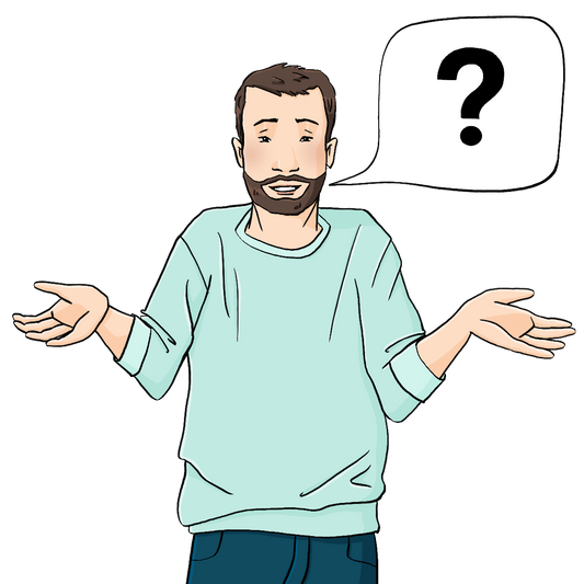 Ein Mann schaut fragend. Er hält die Hände neben dem Körper, die Handflächen zeigen nach oben. Neben dem Mann ist eine Sprechblase mit einem Fragezeichen.