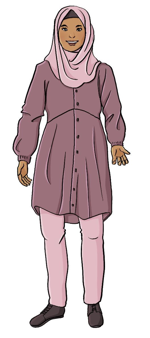 Ein Frau mit Kopftuch, Hose und rosa Tunika.