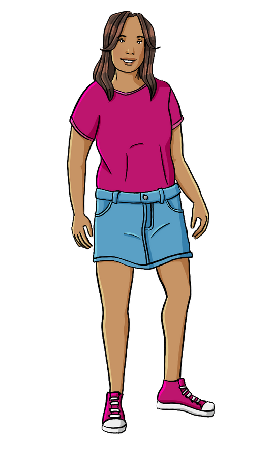 Eine Frau mit T-Shirt und kurzem Rock.