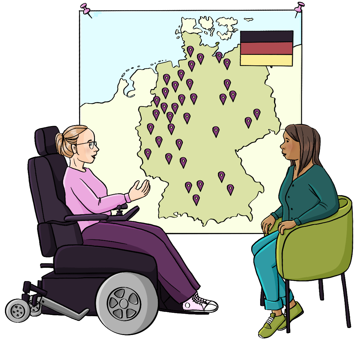 Eine Frau im Elektrorollstuhl und eine andere Frau sitzen sich gegenüber. An der Wand hängt eine große Deutschlandkarte mit vielen kleinen Markierungen.