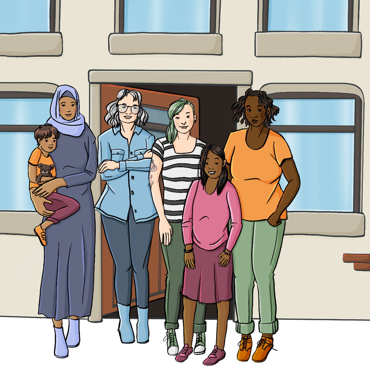 Eine Gruppe von 5 Frauen steht vor einem Haus. Es sind junge und ältere Frauen, schwarze und weiße Frauen. Eine Frau trägt ein Kopftuch und hat ein Kind auf dem Arm.