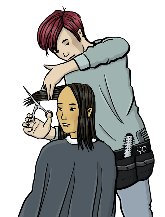 Ein Friseur schneidet einer Frau die Haare. 