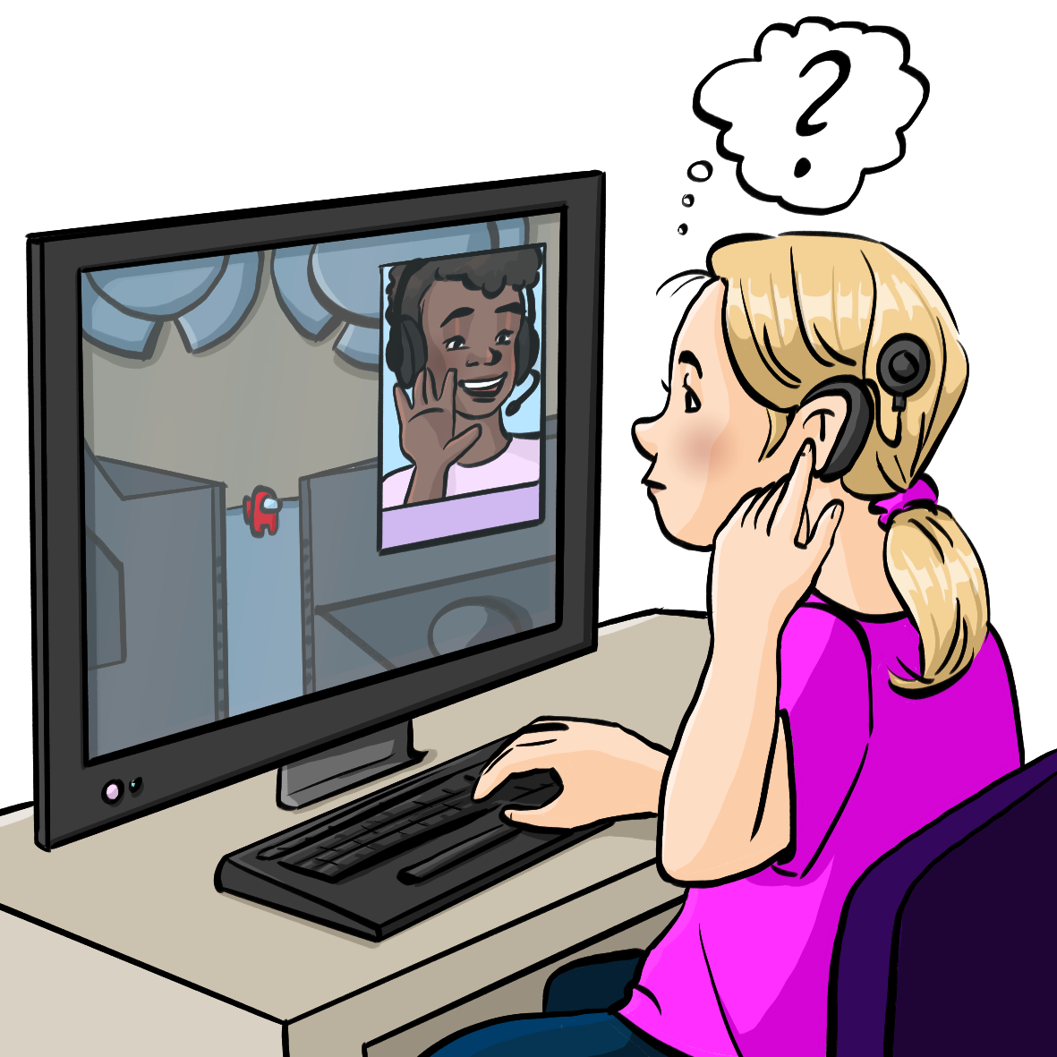 Ein Mädchen mit Cochlear-Implantat sitzt vor einem Computer, auf dem Bildschirm ist ein Junge und winkt. Das Mädchen hat eine Gedankenblase mit einem Fragezeichen.