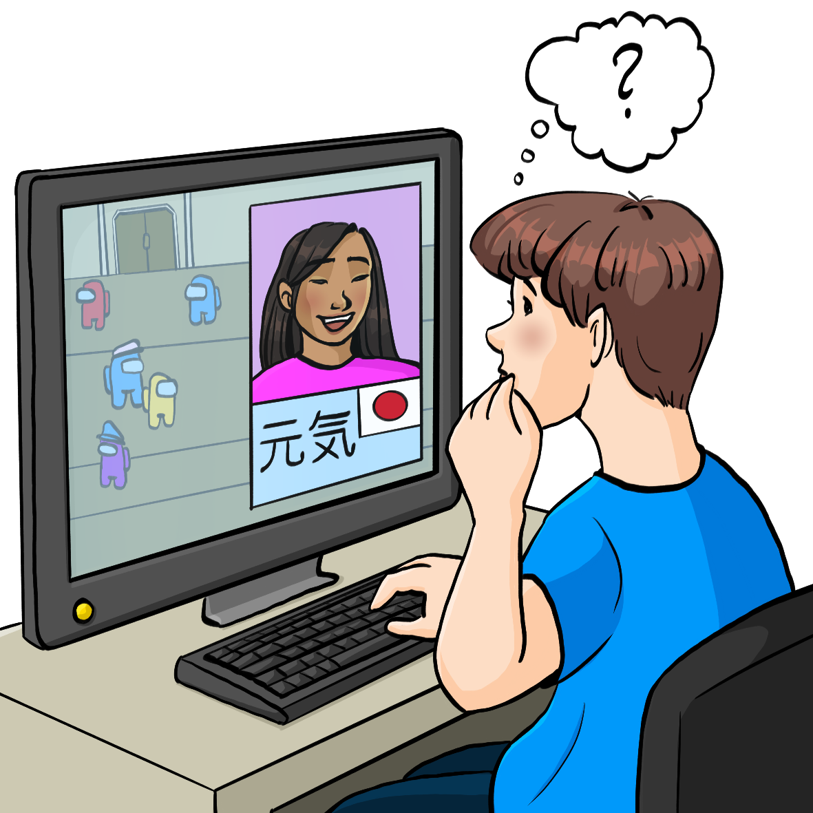 Ein Junge sitzt vor einem Computer, auf dem Bildschirm ist ein Mädchen und japanische Schriftzeichen. Der Junge hat eine Gedankenblase mit einem Fragezeichen.