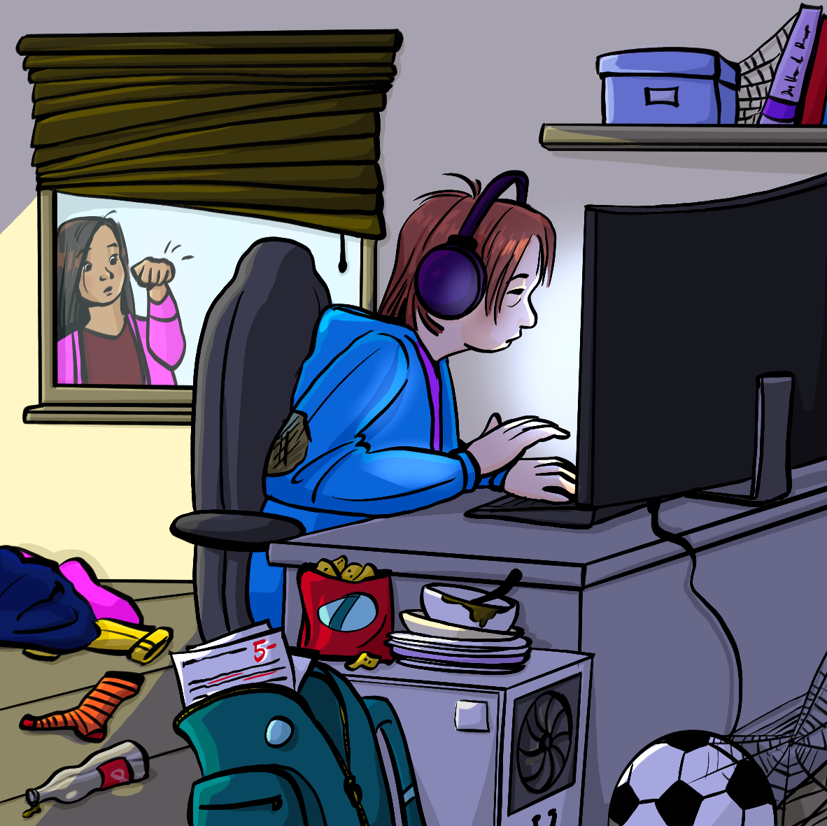 Ein jugendlicher sitzt im dunklen in einem unaufgeräumten Zimmer am Computer. Eine andere Jugendliche klopft ans Fenster.