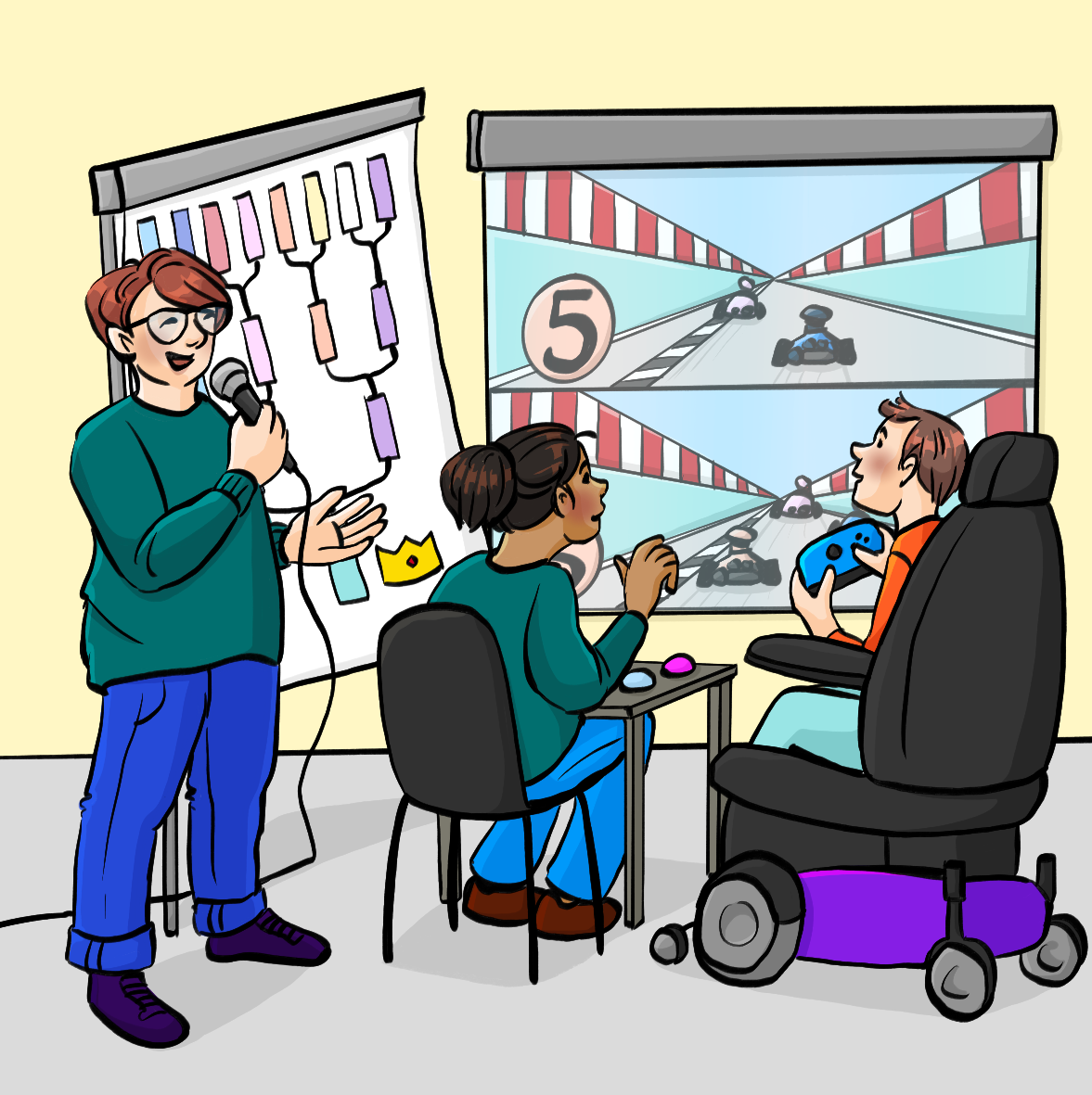 Jugendliche spielen mit einer Spielkonsole ein Autorennen. Ein anderer Jugendlicher steht neben einer Flipchart mit einem Turnierbaum und spricht in ein Mikro.