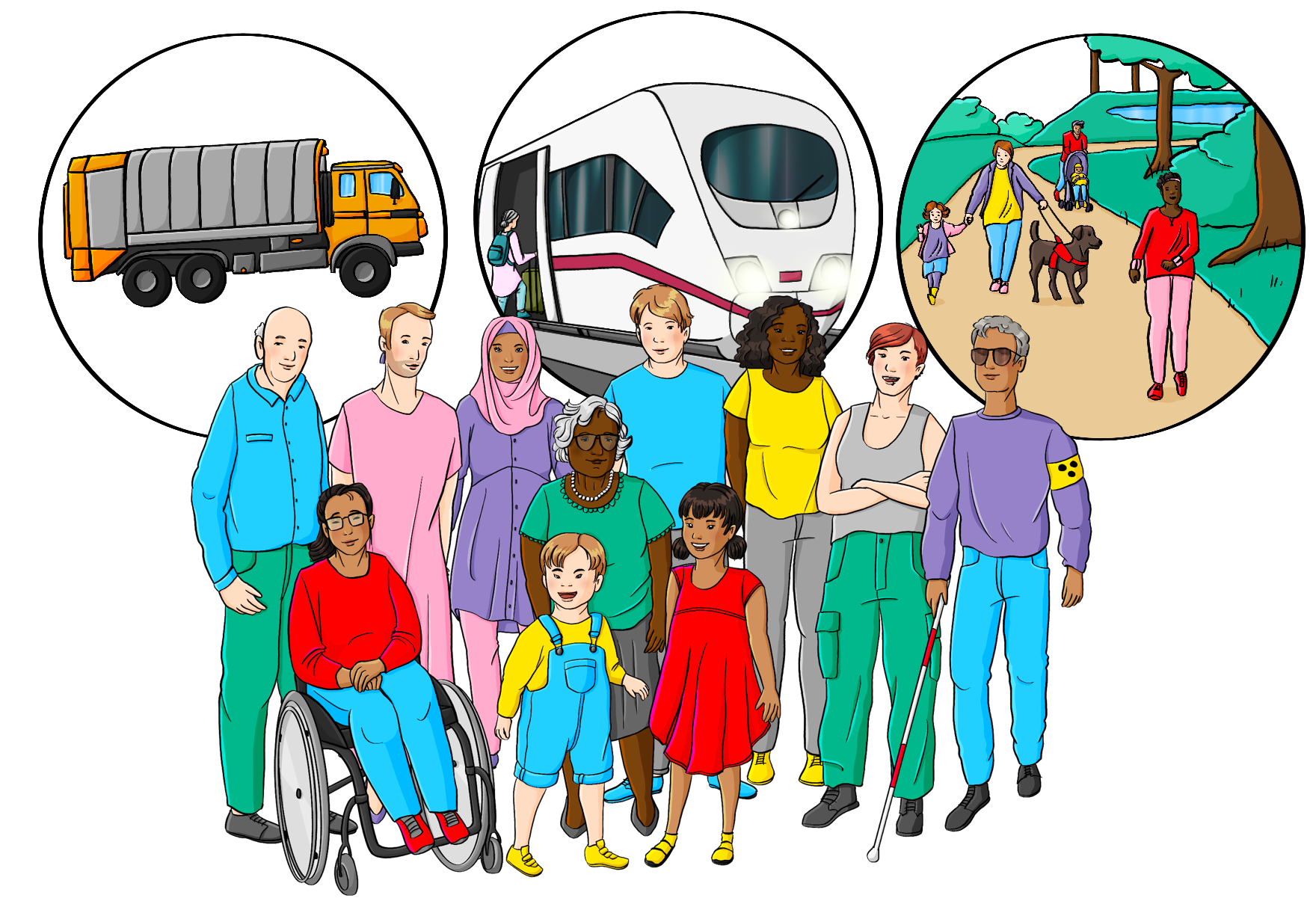 Eine Gruppe Menschen mit und ohne Behinderungen, verschiedenen Hautfarben und verschiedenen Altersstufen. Über der Gruppe ist ein Kreis mit einem Müllauto, ein Kreis mit einem Zug und ein Kreis mit einem Park.
