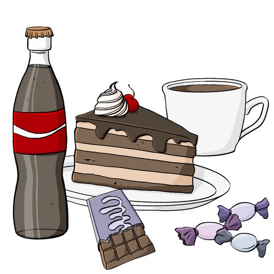 Ein Stück Kuchen, eine Tasse Kaffee, eine Tafel Schokolade, Bonbons und eine Flasche Cola.