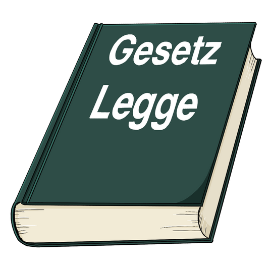 Ein dunkelgrünes Buch mit der Aufschrift: Gesetz Legge