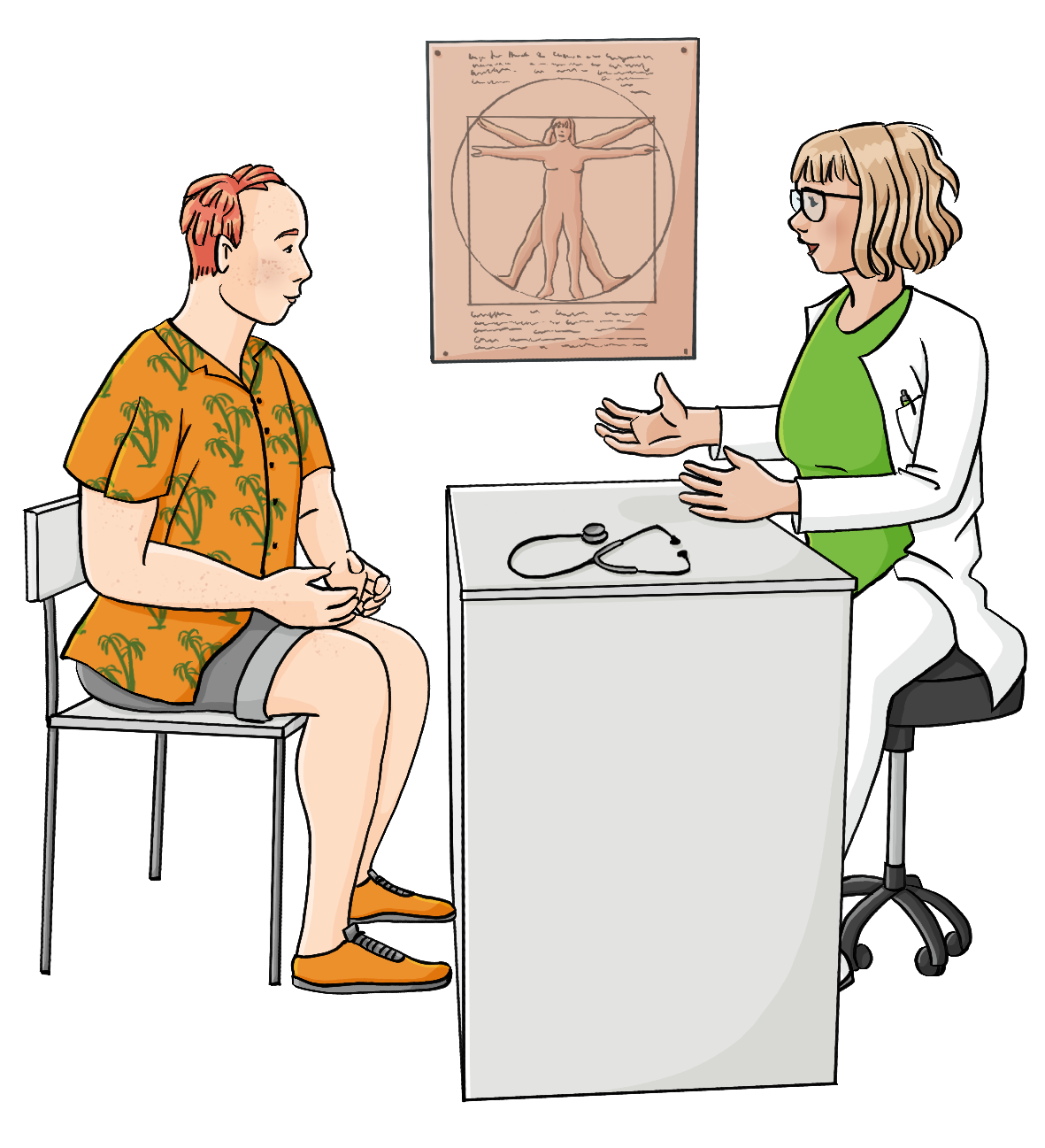 Eine Frau im hellgrünen Poloshirt, weißer Hose und weißem Kittel sitzt am Schreibtisch, über der Stuhllehne hängt ein weißer Kittel. Gegenüber sitzt ein Mann in Sommerkleidung. Auf dem Schreibtisch liegt ein Stethoskop, an der Wand hängt ein Anatomieposter. 