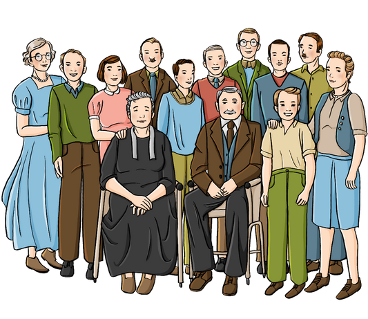 Ein älterer Mann und eine ältere Frau sitzen auf Stühlen. Um sie herum steht eine Gruppe junger Männer, Frauen und Kinder.