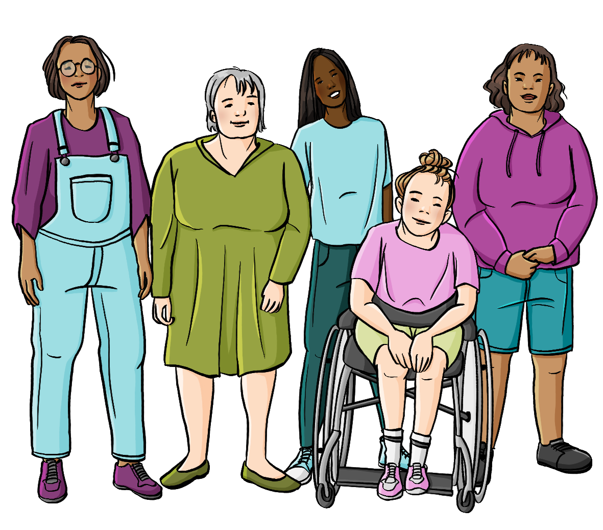Eine Gruppe Frauen mit verschiedenen Hautfarben mit und ohne Behinderung.