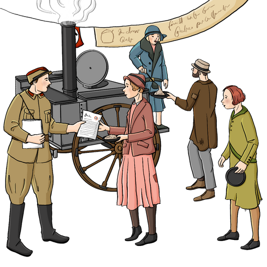 Menschen in Kleidung der 30er Jahre stehen vor einer Gulaschkanone. Eine Frau verteilt Suppe, ein Mann in Uniform der Nationalsozialisten verteilt Flugblätter. Im Hintergrund hängt ein Banner und das halb verdeckte Zeichen der Nationalsozialisten.