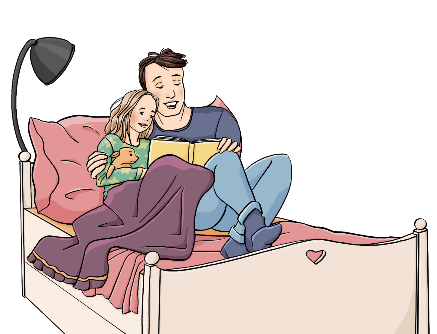 Alternativtext: Ein Mann und ein Mädchen im Schlafanzug sitzen auf einem Bett und schauen in ein Buch.