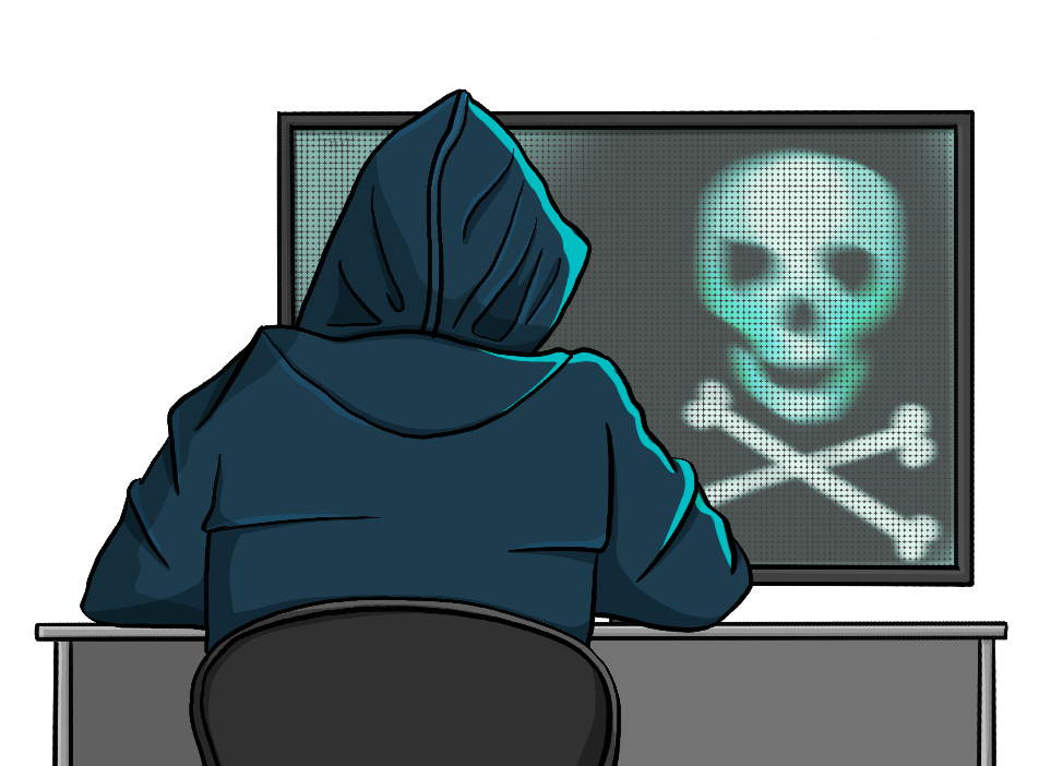 Eine Person mit Kapuze sitzt vor einem Computer. Auf dem Bildschirm ist ein Totenkopf. 