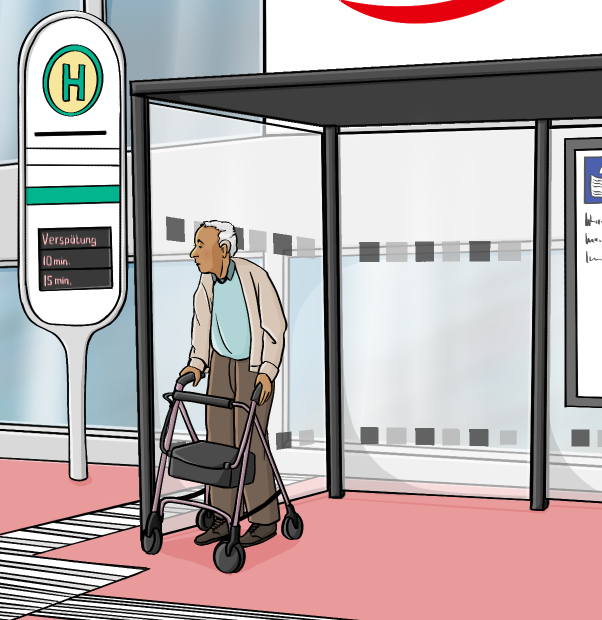 Ein Mann mit Rollator und Hörgerät steht an einem Haltestellenhäuschen. Er schaut auf eine Digitale Anzeigetafel am Haltestellenschild.