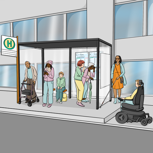 Eine Gruppe Menschen steht an einem Haltestellenhäuschen. Das Häuschen steht etwas erhöht, ein Mann im Elektrorollstuhl steht vor der Kante. Eine Frau mit Blindenstock nähert sich, es gibt keinen Auffindungsstreifen. Zwei Frauen schauen Ratlos auf die Kompliziert aussehenden Fahrpläne.