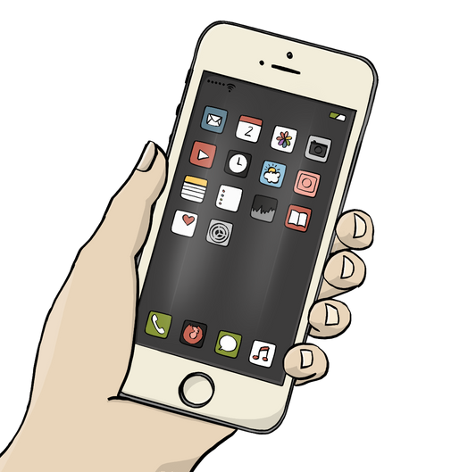 Eine Hand hält ein eingeschaltetes Smartphone. Auf dem Display sind verschiedene App-Kacheln.