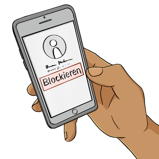 Eine Hand hält ein Handy in der Hand. Auf dem Display steht: Blockieren
