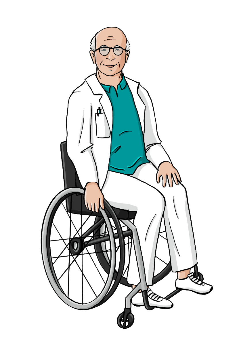 Ein älterer Mann in weißer Hose und weißem Kittel. Er sitzt im Rollstuhl.