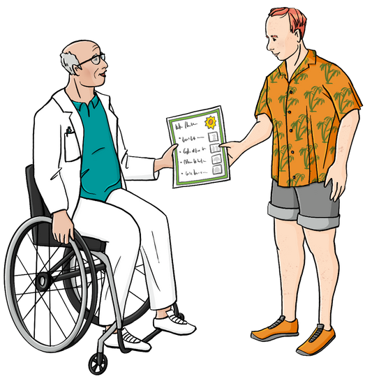 Ein Mann im Rollstuhl mit weißer Hose und weißem Kittel. Er gibt einem anderen Mann im Hawaiihemd einen Zettel.
