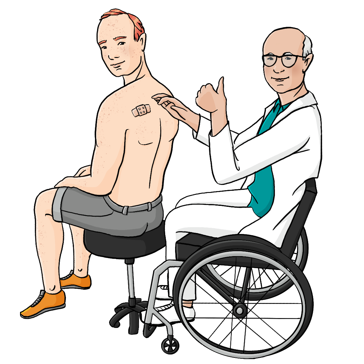 Ein Mann mit freiem Oberkörper sitzt auf einem Hocker. Ein älterer Mann mit weißem Kittel, weißer Hose und Rollstuhl klebt ihm ein Pflaster auf den Rücken. Er streckt den Daumen nach oben. 