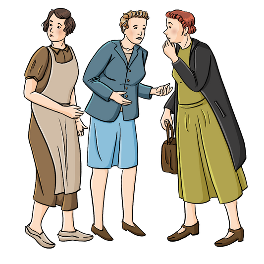 Drei Frauen stehen eng zusammen und reden. Sie schauen besorgt. Sie tragen Kleidung de 40er Jahre, eine der Frauen trägt einen Arbeitskittel.