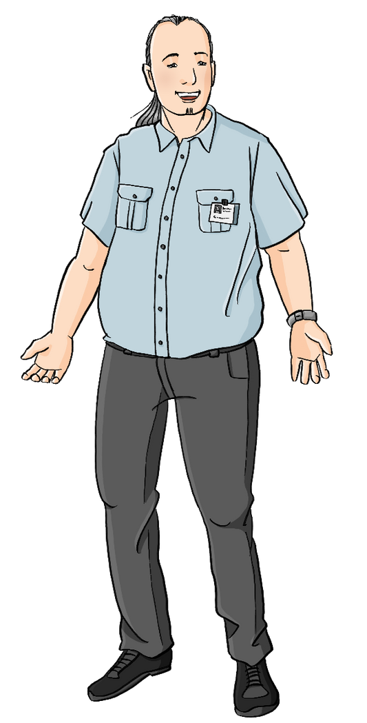 Ein Mann mit hellblauem Hemd und dunkelgrauer Hose.