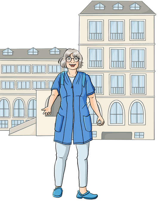 Eine Frau in blauem Kittel. Im Hintergrund ist ein Schulgebäude.