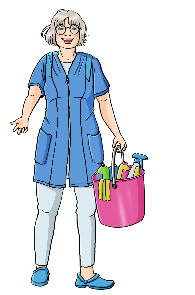 Eine Frau in blauem Kittel. Sie hält einen Eimer mit Putzmitteln in der Hand.