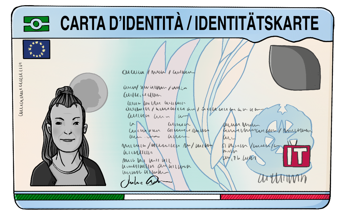 Eine Karte im Format eines Personalausweises. Auf der Karte ist ein Frauengesicht, unlesbare Schrift ud die Aufschrift: Carta d'identitá/Identitätskarte