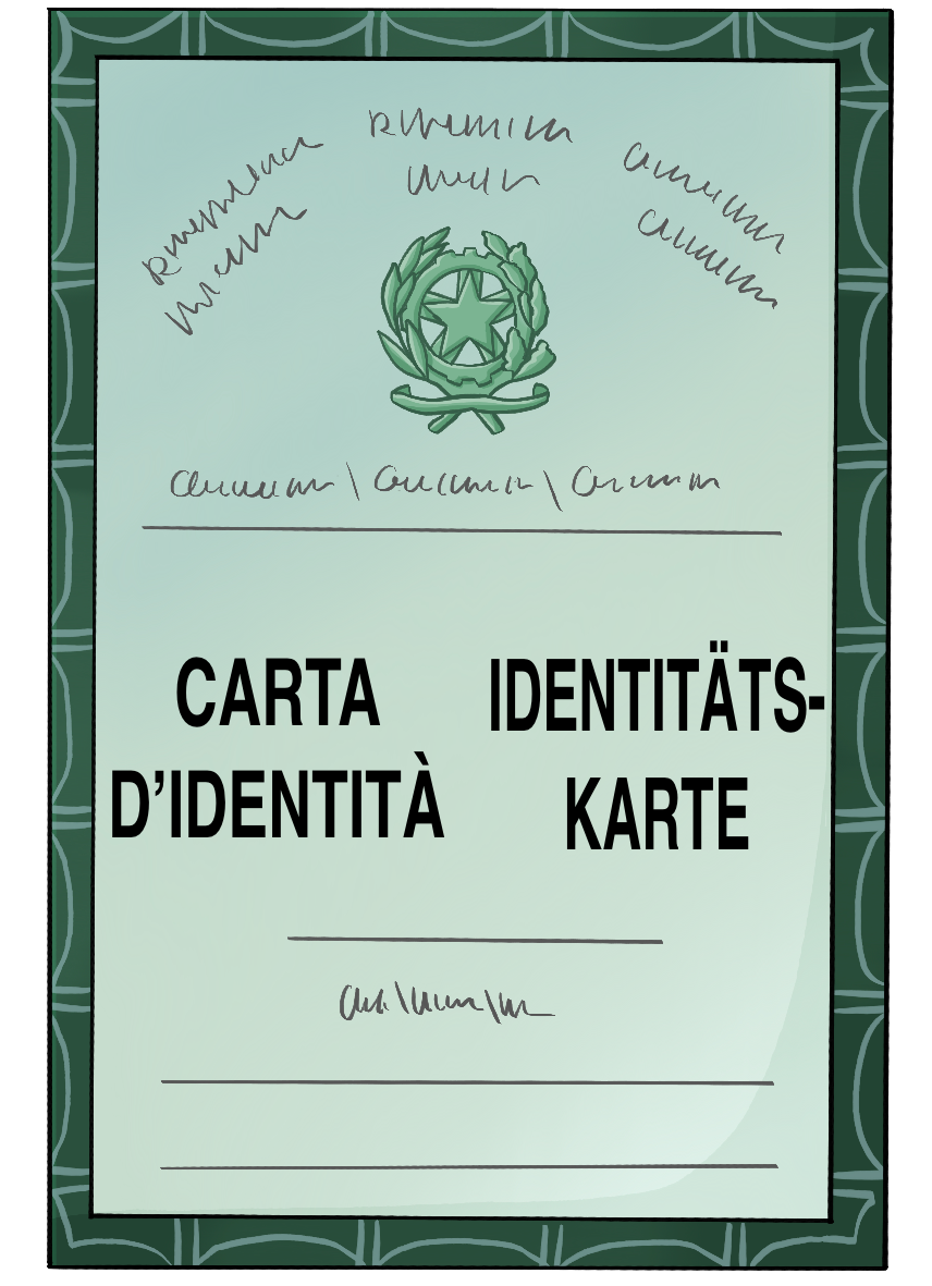 Eine rechteckige Karte im Hochformat. Sie ist grün umrandet und trägt die Aufschrift: Carta d'identitá Identitätskarte.