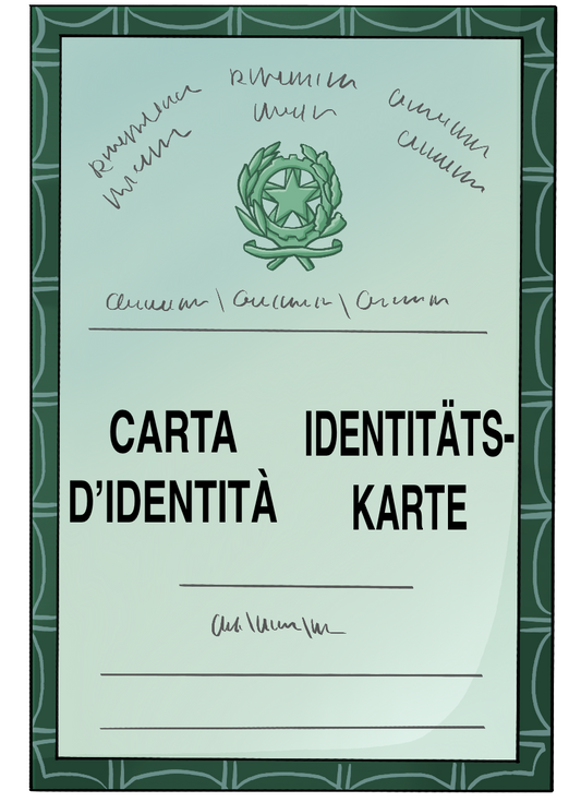 Eine rechteckige Karte im Hochformat. Sie ist grün umrandet und trägt die Aufschrift: Carta d'identitá Identitätskarte.