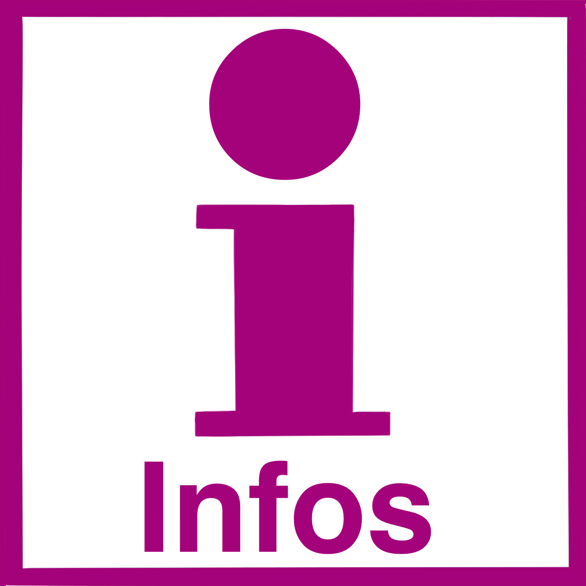 Ein pinkfarbenes I mit I-Punkt in einem Quadrat. Unter dem I steht: Infos.