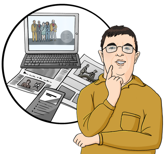 Ein Mann hat nachdenklich den Finger an den Mund gelegt. Neben dem Mann ist ein Kreis. Im Kreis sind ein Computer, Zeitungen und Flyer mit Fotos von Politikern.