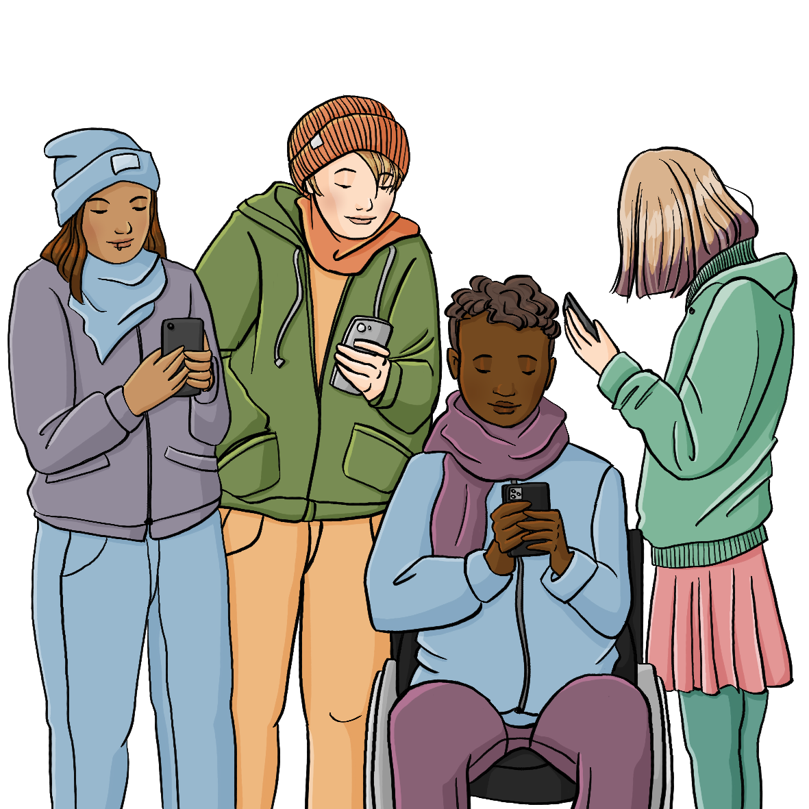 Eine Gruppe von 4 Jugendlichen. Zwei von Ihnen sind POC, zwei sind weiß. Einer sitzt im Rollstuhl. Alle halten ein Smartphone in der Hand und schauen darauf. 