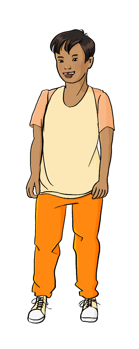 Ein Junge im Grundschul-Alter mit Zahn-Lücke. Er trägt ein gelbes T-Shirt und eine orange Hose. Seine Haare sind dunkelbraun, seine Haut ist hellbraun.