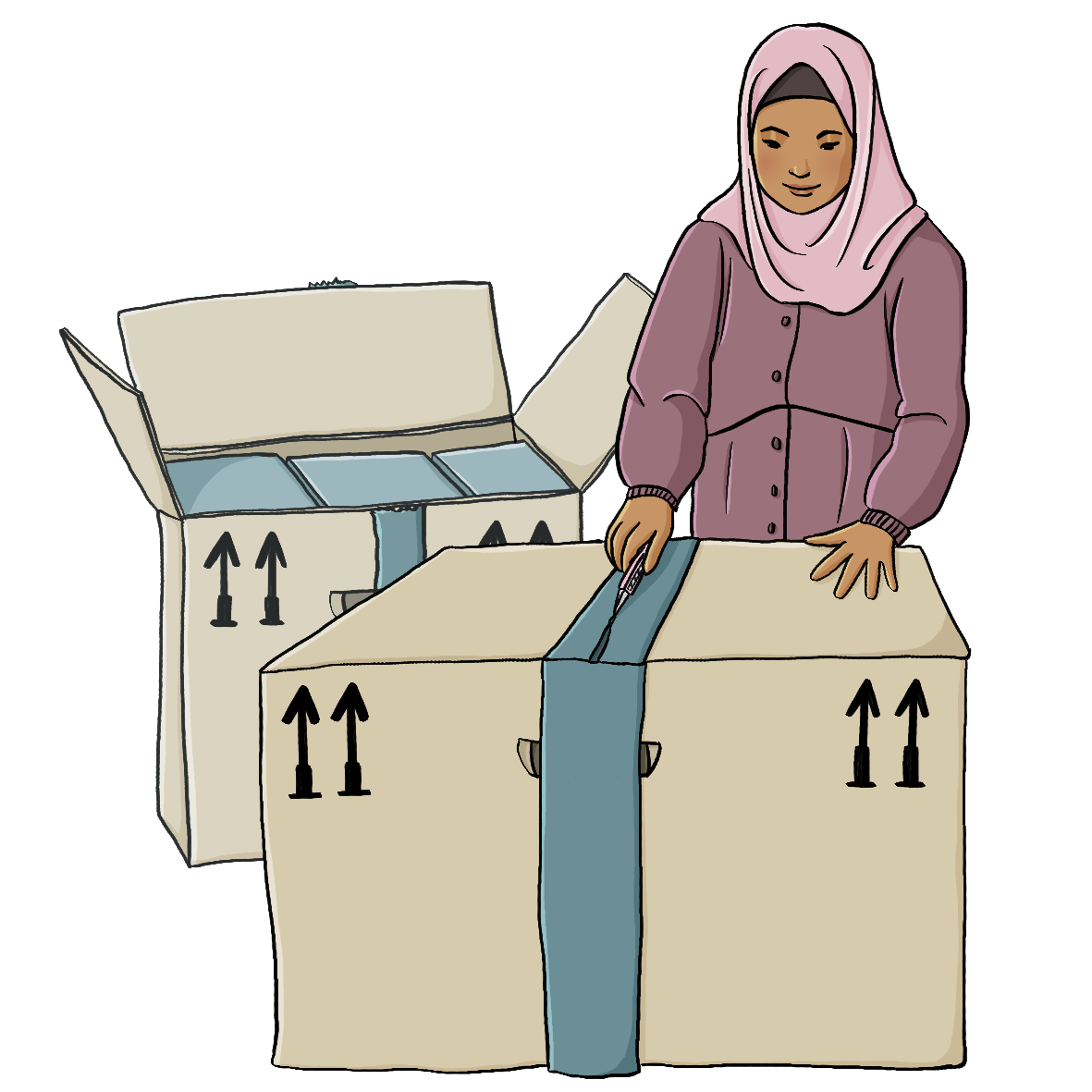 Eine Frau Öffnet einen großen Karton mit einem Teppichmesser. Hinter ihr steht ein geöffneter Karton.