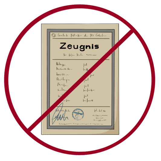 Ein bräunliches Dokument mit Stempel, Unterschrift und der Aufschrift: Zeugnis. Die Aufschrift ist in altmodischer Schrift. Das Bild ist durchgestrichen.